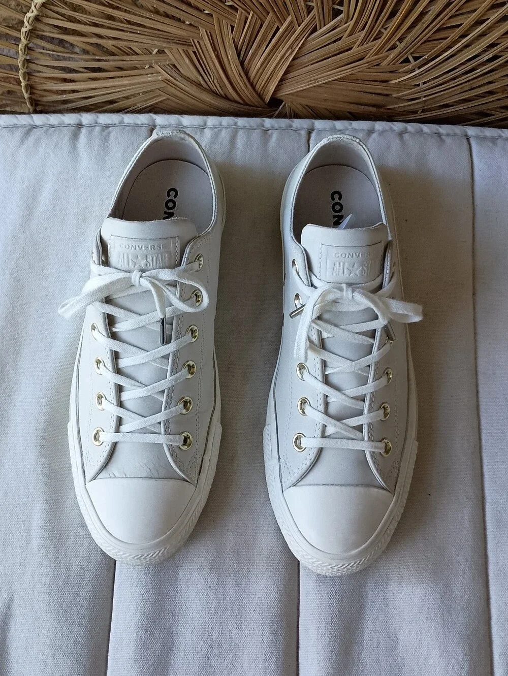 Converse White Low Top Sneakers with Gold Eyelets_9.5 - Picture 1 of 9